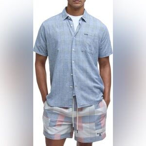Barbour Linen Tailored Fit Short Sleeve Shirt Blue Check Plaid Men’s L
